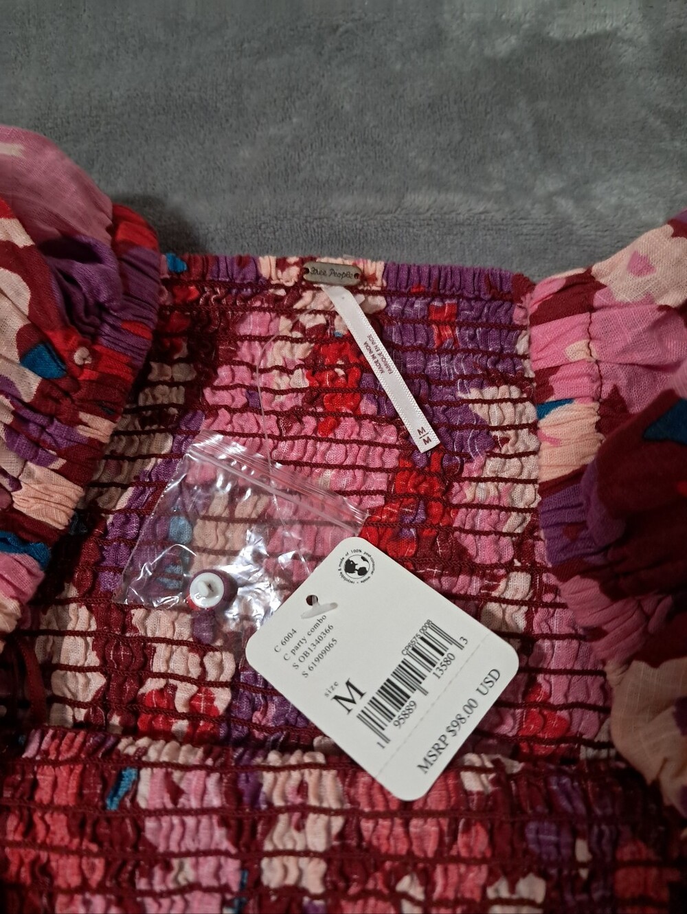 Free People Womens Pink Multi Floral Square Neck Smocked Bodice Blouse Sz. M - Picture 7 of 9